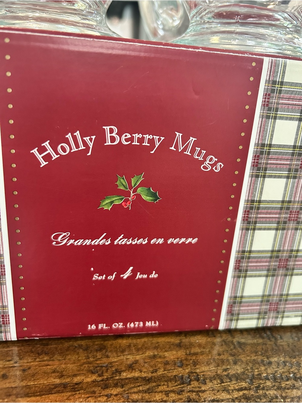 William Sonoma Anchor Hocking Holly Berry Glass Mugs Set of 4- 16oz - Picture 8 of 9